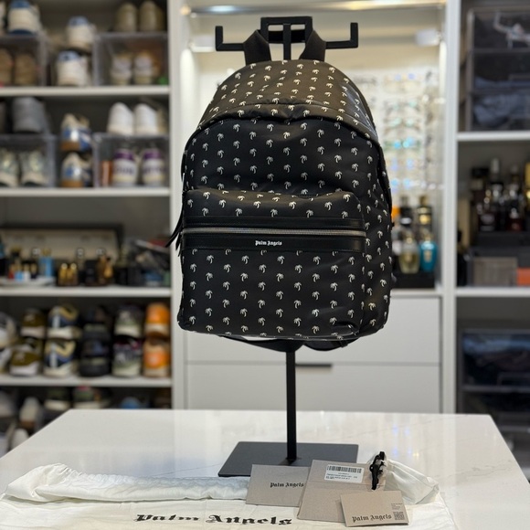 Palm Angels Black all over logo  Backpack NEW - Picture 1 of 9
